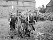 The caption in the propaganda magazine Das Deutsche Madel (May 1942 issue) states: "bringing all the enthusiasm and life force of their youth, our young daughters of the Work Service make their contribution in the German territories 'regained' in the East. Bundesarchiv Bild 183-E10868, BDM in der Landwirtschaft.jpg