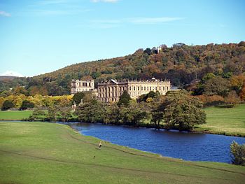 Chatsworth House, the ancestral seat of the Dukes of Devonshire Chatsworth showing hunting tower.jpg