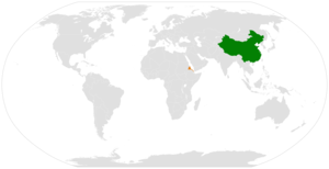 Mapa indicando localização da China e da Eritreia.