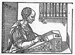 Cicero schreibt seine Epistulae ad familiares, Holzschnitt um 1545]]