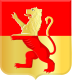Lion rampant, top half yellow on red background, bottom half red on yellow background