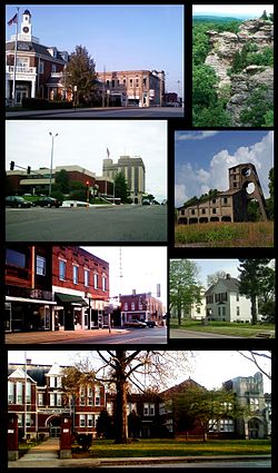 From top left: northern side of square, Garden of the Gods, Saline County Courthouse and Clearwave Building, O'Gara mine tipple, southern side of square, Poplar Street homes, Harrisburg Township High School