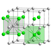 27 маленьких серых сфер в 3 равномерно расположенных слоях по девять. 8 сфер образуют правильный куб, а 8 из этих кубов образуют куб большего размера. Серые сферы представляют атомы цезия. В центре каждого маленького куба находится маленькая зеленая сфера, представляющая атом хлора. Таким образом, каждый хлор находится в середине куба, образованного атомами цезия, а каждый цезий находится в середине куба, образованного хлором.