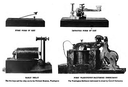 À gauche, les premiers prototypes de manipulateur et de récepteur ; à droite le manipulateur et le récepteur de 1844 à Baltimore[31].