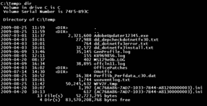 Screenshot of a Microsoft Windows command prompt window showing a directory listing. Dir command in Windows Command Prompt.png