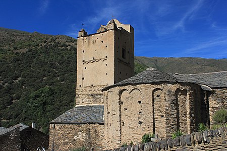 Southeast view with, from left to right, the bell tower, sacristy, apse and rosary chapel.