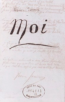 Page manuscrite où il est écrit : Francis Jammes, Moi.