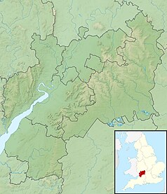 Mapa konturowa Gloucestershire, na dole nieco na lewo znajduje się punkt z opisem „miejsce bitwy”