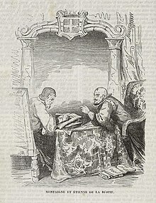 Montaigne et la Boétie : Gravure tirée de la publication mensuelle Mosaïque du Midi de 1839 (notice sur Montaigne)