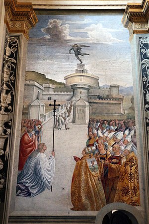 Ärkeängeln Mikael uppenbarar sig på Castel Sant'Angelo, fresk utförd av Jacopo Siculo i Cappella di San Michele i kyrkan Santissima Trinità dei Monti. Fresken visar bland annat kapellen Santa Maria Maddalena och Santi Innocenti vid brons främre fäste.