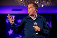 Ohio Governor John Kasich, shown here in Nashua, New Hampshire, finished second in New Hampshire after holding over 100 town hall meetings. He won his first and only state on March 15 in Ohio. He suspended his campaign on May 4. John Kasich by Gage Skidmore.jpg