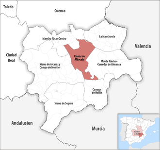 Die Lage der Comarca Llanos de Albacete in der Provinz Albacete