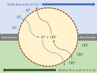 Early cell powered by external proton gradient near a deep-sea hydrothermal vent. As long as the membrane (or passive ion channels within it) is permeable to protons, the mechanism can function without ion pumps. Leaky membrane cell powered by external proton gradient.svg