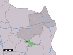 The village centre (dark green) and the statistical district (light green) of Deurningen in the municipality of Dinkelland.