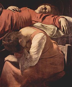 Death of the Virgin (detail). 1601 - 1606. Oil on canvas, 396 x 245 cm. Louvre, Paris.