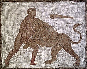 Herakles und der Nemeische Löwe. Römisches Mosaik aus Llíria, erste Hälfte des 3. Jahrhunderts, (Provinz Valencia, Spanien), Museo Arqueológico Nacional de España, Madrid