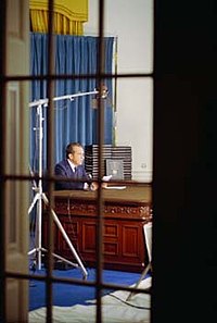 President Nixon explaining release of edited transcripts, April 29, 1974 Nixon E2679c-09A.jpg