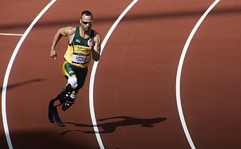 Oscar Pistorius running in the first round of the 400m at the London 2012 Olympic Games.