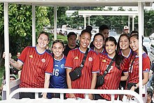 Players of the national team on a motorcade in Taguig shortly after the conclusion of their World Cup campaign. Philippines women's team motorcade BGC World Cup.jpg