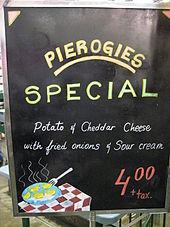 Pierogi special at a fast-food stall in St. Lawrence Market, Toronto Pierogi StLawrenceMarket Toronto.jpg