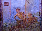 The Venus pendula aversa position in a wall painting from Pomepeii Pompeii - Casa del Centenario - Cubiculum - Love scene from north wall.jpg