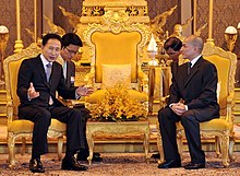 King Norodom Sihamoni granting an audience to President of South Korea Lee Myung-bak in 2009. President Lee and Cambodia's King Norodom Sihamoni (4348149784).jpg