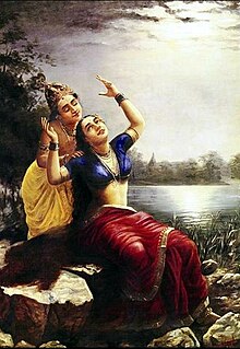 The love stories of the Hindu deities Krishna and Radha have influenced the Indian culture and arts. Above: Radha Madhavam by Raja Ravi Varma. Radha Madhavam.jpg