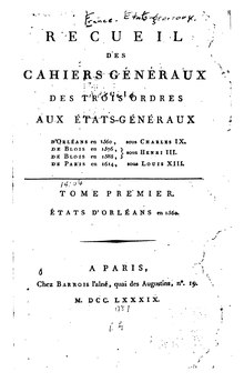 Image of the front page of the Cahier of the three estates for Orleans, Blois and Pontoise