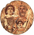 Septimius-Severus-Tondo: Kaiser Septimius Severus und seine Familie; Getas Gesicht ist nachträglich getilgt worden.