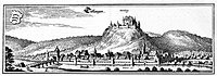 Гравюра на меди, вид на Дунай, город Туттлинген и замок Гонберг, 1643 года.