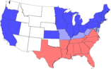 dunkelblau: Unionsstaaten ohne Sklaverei, hellblau: Unionsstaaten mit Sklaverei, rot: Konföderation