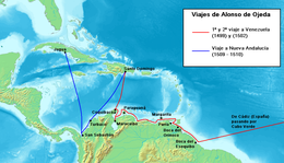 A map of exploration routes of
Alonso de Ojeda (1499-1502 & 1509-10)
Francisco Pizarro (1509-10) Viajes de Alonso de Ojeda.PNG