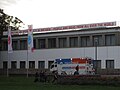 Conference wing of Deutsches Hygienemuseum; the banner reads: Promoting an open society in Dresden - people and ideas from all over the world