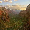 Zion Canyon at sunset in Zion National Park as seen from Angels Landing looking south.