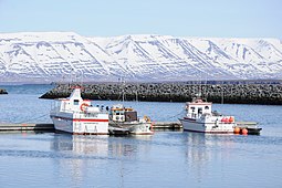 Vy mot öster över Sauðárkrókurs hamn med Óslandshlíðarfjöll i bakgrunden
