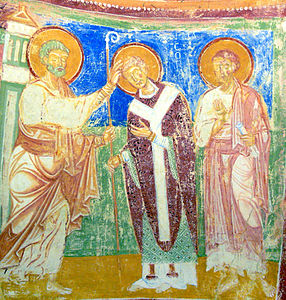 A 12th-century painting of Saint Peter consecrating Hermagoras, wearing purple, as a bishop.