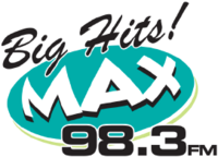 Updated logo for WWRZ "MAX 98.3" in Lakeland, FL. The logo has an aquamarine oval covered by the letters "M-A-X" in large white letters. "Big Hits!" is spelled across the top of the logo, and "98.3 FM" is spelled along the bottom.