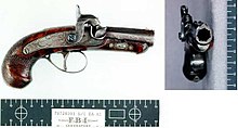 An original Philadelphia Deringer made by Henry Deringer. This was the pocket pistol used by John Wilkes Booth in the assassination of Abraham Lincoln. Booth deringer.jpg