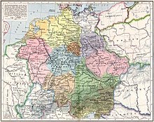 The Eastern Frankish Kingdom (919-1125) with the later stem duchies:
Saxony in yellow, Franconia in blue, Bavaria in green, Swabia in light orange, and Lotharingia in pink Central Europe, 919-1125.jpg