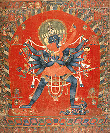 Samvara with Vajravarahi in Yab-Yum. These tantric Buddhist depictions of sexual union symbolize the non-dual union of compassion and emptiness. Chakrasamvara Vajravarahi.jpg