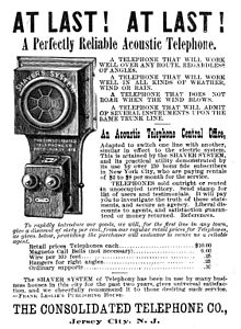 Acoustic telephone ad, The Consolidated Telephone Co., Jersey City, New Jersey, 1886 Consolidated Telephone Co. ad 1886.jpg