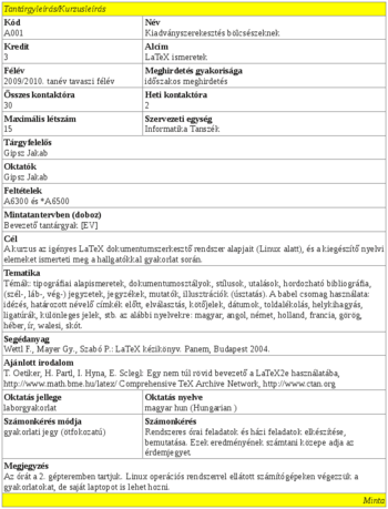 Egy tantárgy/kurzus leírás az ETN-ből