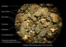 Sample of drill cuttings of shale while drilling an oil well in Louisiana, United States. Sand grain = 2 mm in diameter Drill cuttings - Annotated - 2004.jpg