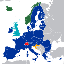 EU states which form part of the EEA
EU state which provisionally applies the EEA agreement
EFTA states which form part of the EEA
EFTA state which signed the EEA agreement but did not join
State which has withdrawn from the EEA European Economic Area members.svg