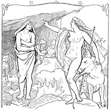 The goddess Freyja is nuzzled by the boar Hildisvini while gesturing to Hyndla (1895) by Lorenz Frolich. Freia Gestures to Hyndla by Frolich.jpg