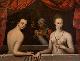 Julienne d’Estrées is on the left; Gabrielle d’Estrées is on the right.