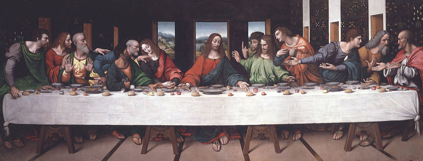 Тајна вечера, око 1520, рад Ђампјетрина, копија истоимене Да Винчијеве слике, уље на платну, данас у колекцији Краљевске академије уметности у Лондону; тачна, пуноразмерна копија оригинала; ова слика била је главни извор двадесетогодишње рестаурације оригиналног ремек-дела (1978–1998)