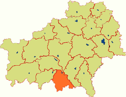 Naroŭljanský rajón (červeně) na mapě Homelské oblasti