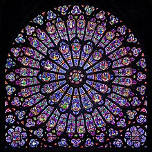 Symbolism: the north rose of Notre Dame, Paris, has at its centre the Blessed Virgin Mary and Christ Child in Majesty, surrounded by prophets and saints. Gothic-Rayonnant Rose-6.jpg