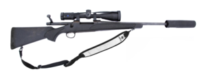 Remington Model 700 bolt-action hunting rifle in .30-06 Springfield with mounted telescopic sight and suppressor Hunting rifle 02.png